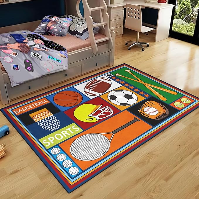 Sports Rugs for Boys Bedroom - Football & Soccer, Baseball, Basketball Rug for Boys Bedroom Decor Kids Carpet Soccer Carpet for Living Room Playroom Floor Mat Home Decor, 3x4 Feet