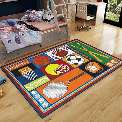 Sports Rugs for Boys Bedroom - Football & Soccer, Baseball, Basketball Rug for Boys Bedroom Decor Kids Carpet Soccer Carpet for Living Room Playroom Floor Mat Home Decor, 4x5 Feet