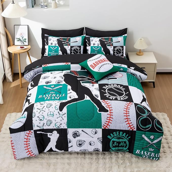 A Nice Night Sports Geometric Grid Black Patchwork Baseball Printed for Boys Queen 6Pcs Bed in A Bag Comforter Bedding Set,Green
