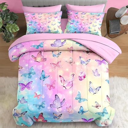 Comforter Set Queen Size, Pink Blue Butterfly 7 Pcs Bedding for Kids and Adults, Purple Colorful Rainbow Bed Sheet Sets with Fitted Sheet 2 Pillowcases & 2 Shams for Bedroom Bed Decor