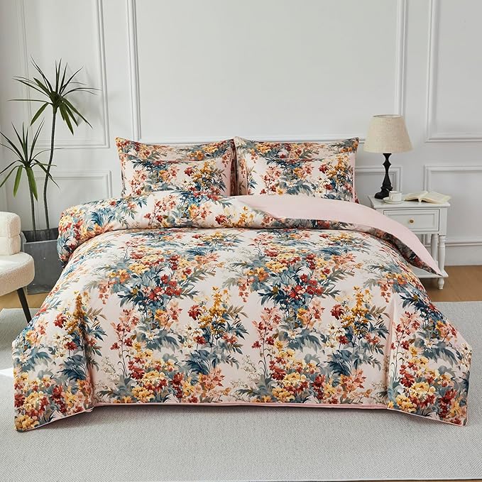 URBONUR Floral Duvet Cover Set Full Size 3 Pieces 100% Cotton Silky Sateen Wildflowers Comforter Cover with 2 Pillowcases Soft & Breathable Bedding Sets