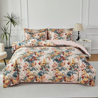 URBONUR Floral Duvet Cover Set Twin Size 3 Pieces 100% Cotton Silky Sateen Wildflowers Comforter Cover with 2 Pillowcases Soft & Breathable Bedding Sets