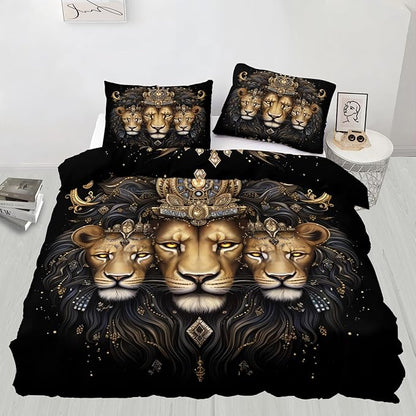 Lion Duvet Cover Oversized King Crown Lion Father and Son Bedding Set Bedroom Decor Luxury Abstract Animals Comforter Cover with Zipper Ties & 2 Pillowcases