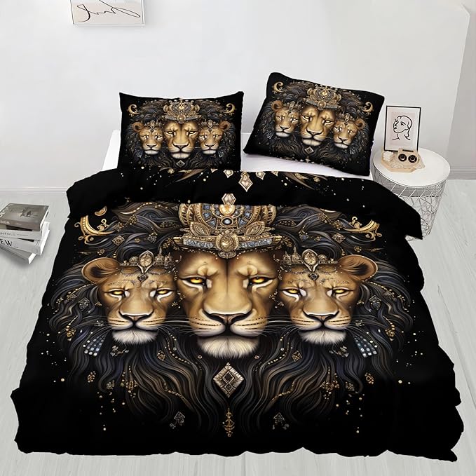 Lion Duvet Cover Twin Crown Lion Father and Son Bedding Set 2 Piece for Kids Bedroom Luxury Abstract Animals Comforter Cover with Zipper Ties & 1 Pillowcases