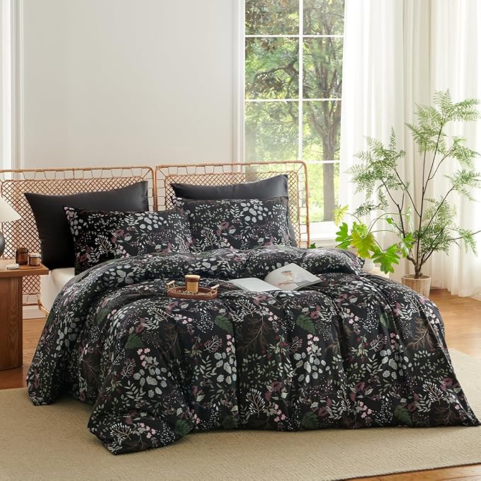 Floral Duvet Cover Twin 2 Pieces Elegant Flower Bedding Set Farmhosue Aesthetic Bedding Soft Microfiber Black Duvet Cover Set with 1 Pillowcase