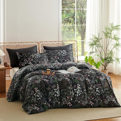 Floral Duvet Cover King 3 Pieces Elegant Flower Bedding Set Farmhosue Aesthetic Bedding Soft Microfiber Black Duvet Cover Set with 2 Pillowcases