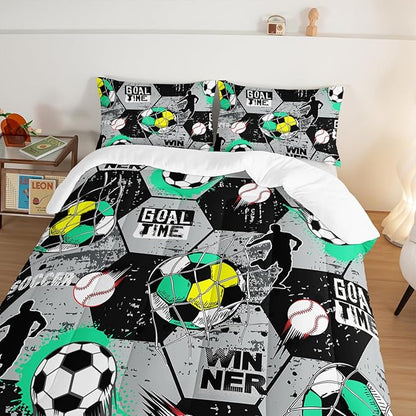 Soccer Bedding Comforter Set Twin Size,Football Baseball Printing Ball Gamer Bedding Set,Sports Themed Room Decor for Teens Boys,Gray Black Hexagonal Pattern Comforter Set with 2 Pillowcases.