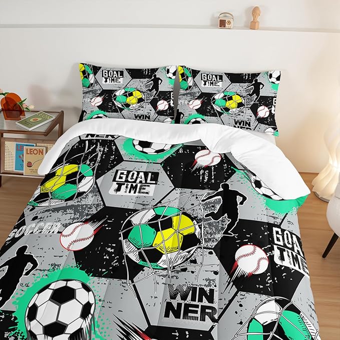 Soccer Bedding Comforter Set Queen Size,Football Baseball Printing Ball Gamer Bedding Set,Sports Themed Room Decor for Teens Boys,Gray Black Hexagonal Pattern Comforter Set with 2 Pillowcases.