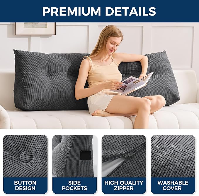 Headboard Pillow Queen, Triangle Pillows for Headboard, Head Board Backrest Wedge Pillow for Reading Sitting Working, Daybed Pillows with Removable Cover for Bed Dorm Sofa, Black