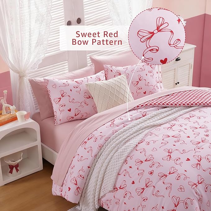Twin XL Comforter Set for Girls, Red Bow Bedding Set Reversible with Cute Heart, All Season Kids Dorm Bed in a Bag 5 Pieces with Sheets, Pillowcase & Sham