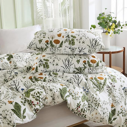 Duvet Cover King Size - 100% Cotton Reversible Floral King Duvet Cover Set with Zipper Closure, 3 Pieces Soft & Breathable Green Bedding Set for All Seasons