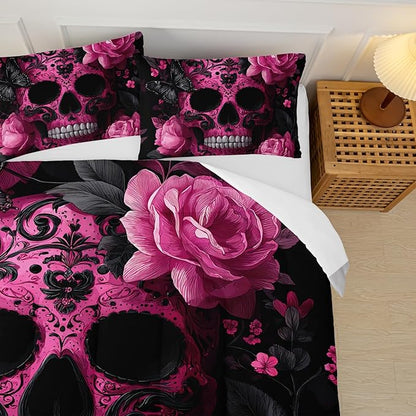 Skull Comforter Full Size,Skull Kids Comforter Set,3Pcs Bedding Set Printed Comforter with 2 Pillowcases,Down Alternative,Soft and Lightweight,for All Seasons