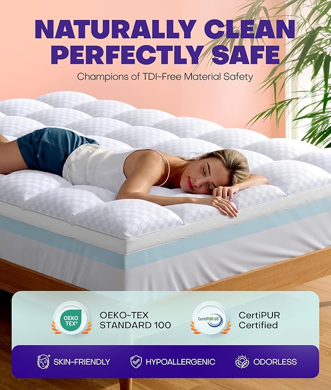 Dual Layer 4 Inch Memory Foam Mattress Topper for Pressure Relief with 4X Support, 2" Pillow Top Full Mattress Topper 50% Viscose Made from Bamboo Plus 2" Cooling Gel Memory Foam Comfort Mattress Pad