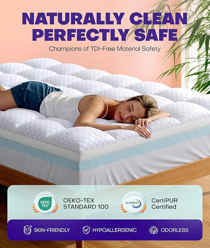 Dual Layer 4 Inch Memory Foam Mattress Topper for Pressure Relief with 4X Support, 2" Pillow Top Twin XL Mattress Topper 50% Viscose Made from Bamboo Plus 2" Cooling Gel Memory Foam Mattress Pad