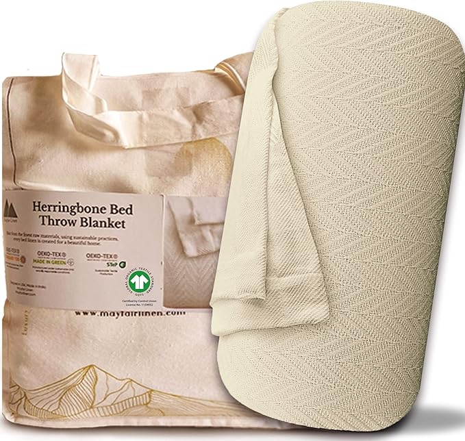 Mayfair Linen Knitted Geometric Herringbone Pattern Handwoven Blanket 100% Long Staple Cotton - Soft & Cozy Thermal All Season Throw for Bed Couch Chair Outdoors (Full/Queen, Ivory)