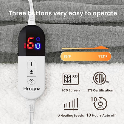Heated Blanket Electric Blanket Full Waffle,72x84 Inches Sherpa Fleece Fast Heating Blanket 6 Heating Levels & 10 Hours Auto Off ETL Certification, Grey Full