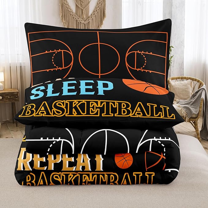 Peopleareok Basketball Boys Comforter Set Queen(90x90 Inch), 3D Printed Black Basketball Comforter, 3 Pieces Sports Comforter Set for Boys Kids Teens with 2 Pillowcases
