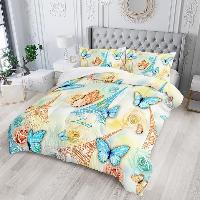 Paris Eiffel Tower Themed Bedding Butterfly Comforter 3Pcs Full Tie Dye Rose Colorful Pattern Bedding Set for Teen Girl Boy Bed Decor Romantic Building Quilt with 1 Comforter and 2 Pillowcases