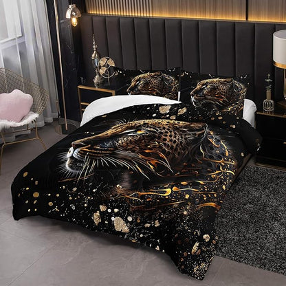 Wild Tiger Comforter Set Twin Size, 3D Black Cheetah Lover Bedding Set for Mens Adults and Teens, 3 Pieces Wild Animal Comforter Set for Room Decor, 1 Quilt and 2 Pillow Shams