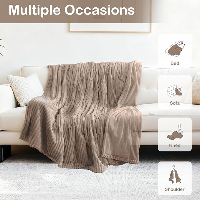 Electric Heated Blanket Queen Size 84"x 90", Dual Control, Soft Comfortable Warming Striped with 10 Heating Levels & 1-12 Hours Auto Off, Machine Washable, Camel