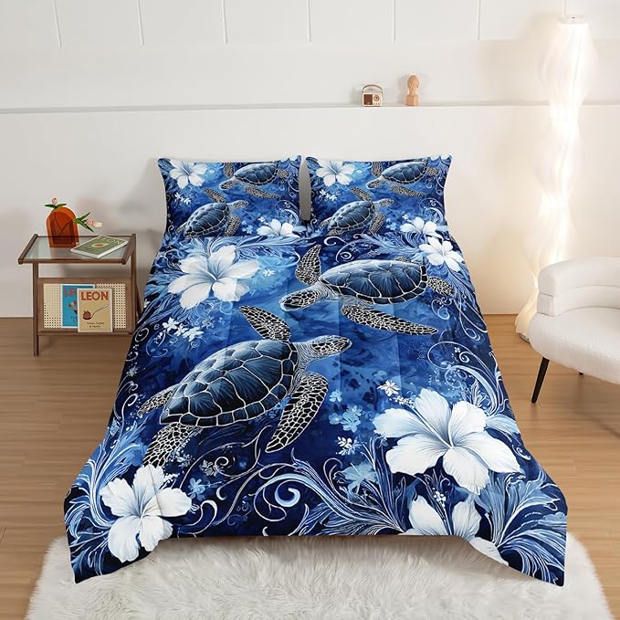 HOSIMA Sea Turtle Queen Comforter Set,Sea Turtles Surrounded by Flowers Print Coastal Bedding for Kids Girls Boys Room Decor,Stems Leaves Pattern Lightweight Ocean Themed Bedding with 2 Pillowcases.