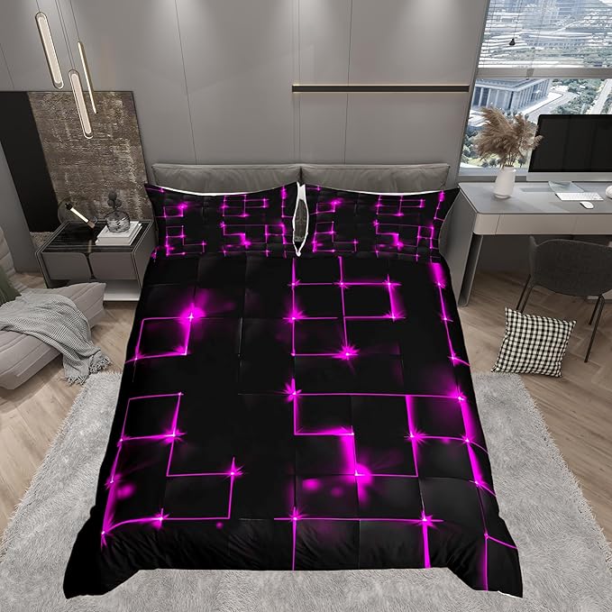 Castle Fairy Full Size Duvet Cover Set, 3D Modern Abstract Square Grid Bedding Set with 2 Pillowcases, Purple and Black Neon Light Line Geometric Themed Bedspread Cover for Boys Teens Room Decor