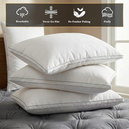 Feather Pillows King Size Set of 2 Goose Down Pillows with 100% Breathable Cotton Cover, Hotel Collection Bed Pillows for Sleeping, Soft Support for Back, Stomach and Side Sleepers