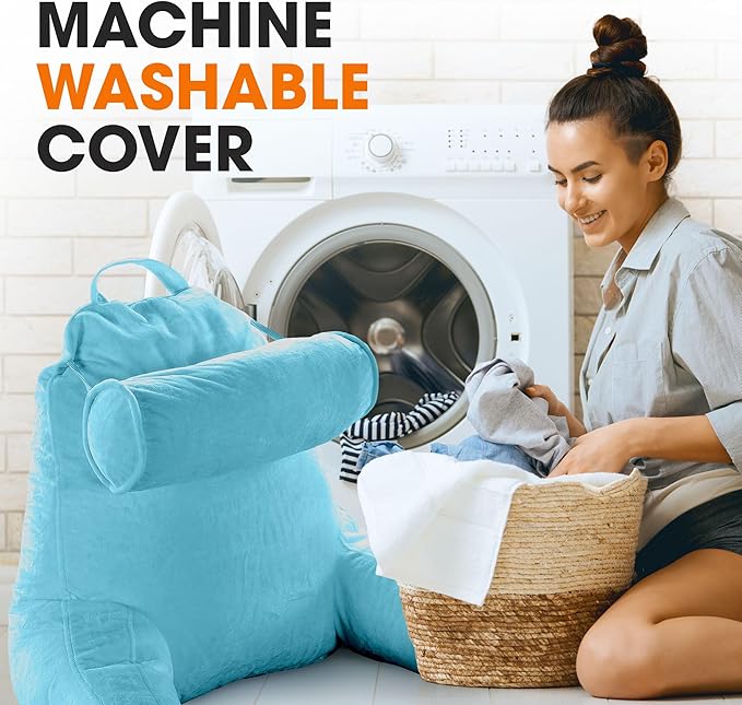 Cheer Collection Reading Pillow Chair - Chair Pillow with Arms and Detachable Neck Bolster for Bed & Couch - Machine Washable, Sky Blue