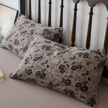 BuLuTu Vintage Muslin Duvet Cover Set Twin, 100% Cotton Linen Like Comforter Cover Boho Floral Quilt Cover with 2 Pillowcases, 86"x68", Soft Breathable Bedding Set, Zipper & Corner Ties