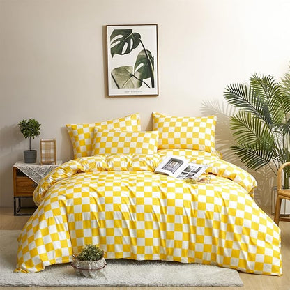 Wellboo Yellow and White Comforter Sets California King Women Men Checkerboard Grid Bedding Comforters Cotton Boys Girls Modern Light Yellow Checkered Geometric Quilts Luxury Plaid Bed