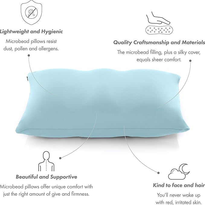 PILLOWY Premium Microbead Bed Pillow, Small Extra Fluffy But Supportive - Ultra Comfortable Sleep with Silk Like Anti Aging Cover 85% Spandex/ 15% Nylon Breathable, Cooling Sweet Baby Blue