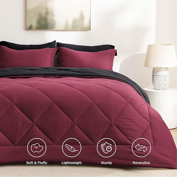 Bedsure King Size Comforter Set - 7 Pieces Reversible Burgundy and Black Bedding, King Size Bed Set for All Seasons, Bed in a Bag with Down Alternative Comforter, Sheets, Pillowcases & Shams
