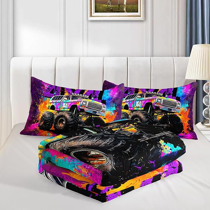 Cool Monster Truck Comforter Set Queen Size,Colorful Graffiti Tie-Dye Pattern Racing Sport Bedding for Kids Boys Teens Room Decor,Cartoon Cars Themed Bedding Sets with 2 Pillowcases.