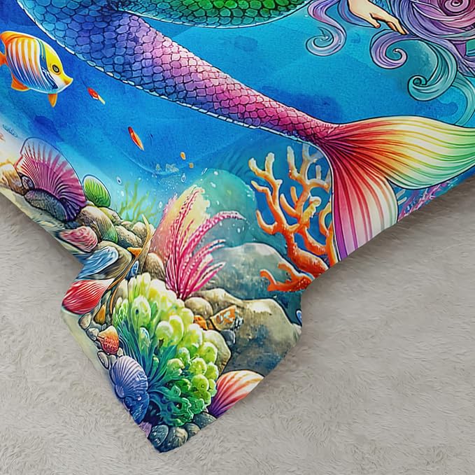 Cute Mermaid Comforter Set Full Size, Dolphin Coral Seaweed Fish Ocean Theme Bedding Set, Colorful Romantic Room Decor for Girls