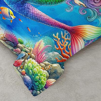 Cute Mermaid Comforter Set Full Size, Dolphin Coral Seaweed Fish Ocean Theme Bedding Set, Colorful Romantic Room Decor for Girls