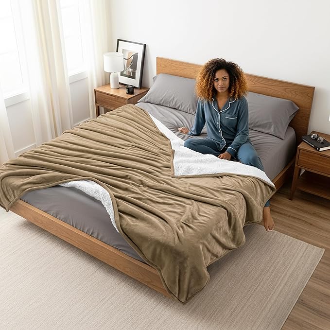 Utopia Bedding Sherpa Blanket California King Size (Camel, 102x96 Inches) - Soft Lightweight Plush Fleece Reversible Blanket for Bed, Sofa, Couch, Camping and Travel