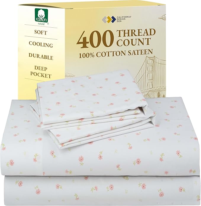 California Design Den Full Size Bed Sheets Set - 400 Thread Count Sateen, Natural 100% Cotton Sheets, Deep Pocket and Durable Bedding - Soft Floral