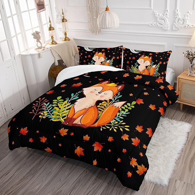Cartoon Fox Comforter Set 3-Pieces Cute Fox Bedding Set Moon Plants Leaves Printed Quilt Set for Kids Boys Girls with 2 Pillowcases Twin