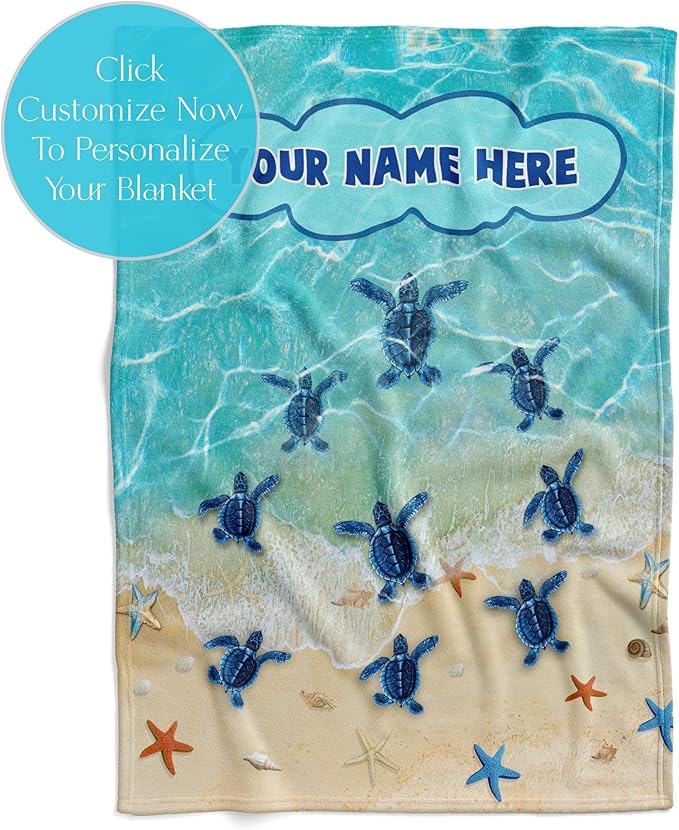 Personalized Sea Turtles Blanket Gift | Custom Blanket for Girls and Boys | Plush Fleece Throw Blanket for Kids | Turtle Gifts for Birthdays | Sea Turtles Beach Nautical Theme (30x40, Fleece)