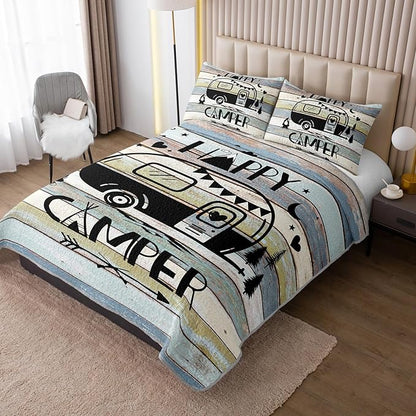 HOSIMA Vintage Camper Queen Size Quilt,Lightweight Bedding Set for Adults,Camping Travel Trailer Printed Quilt for Camper Decor,Happy Camping Themed Bedding with 2 Pillowcases.