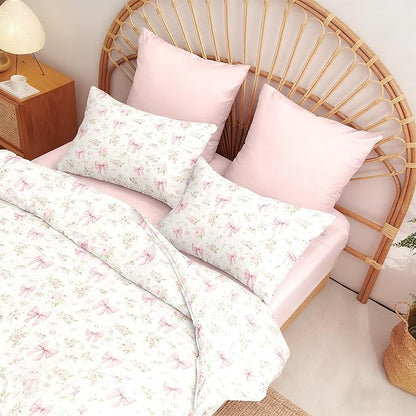 Bow Bedding Duvet Cover Full Size Pink Floral Bedding Set Kids Boys Girls Princess Style Bowknot Ultra Soft Reversible Garden Flower Duvet Cover Set 3Pcs