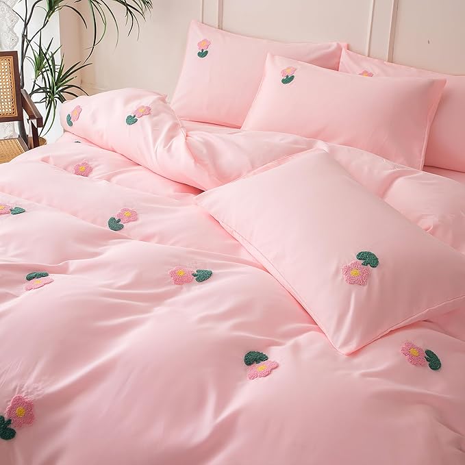 MWMWMW 5 Pieces Twin Comforter Set for Girls, Tufted Chenille Floral Bedding Set, Pink Floral Bedding Set Twin with 1 Comforter, 1 Flat Sheet, 1 Fitted Sheet and 2 Pillowcases