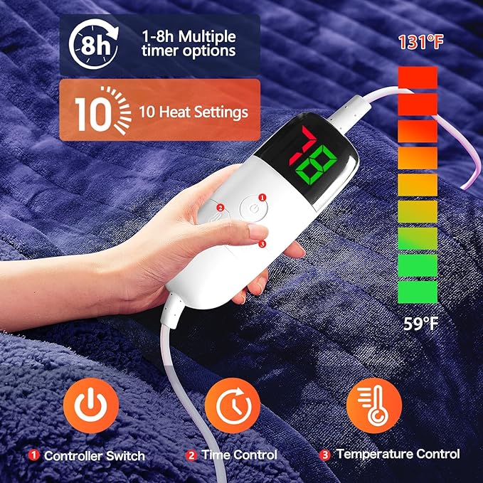 greenoak Heated Electric Blanket Throw, Faux Fur Sherpa Heating Blanket for Sofa Bed, Warm Winter Gifts for Dad/Grandma, Heater Lap Blankets 5-Position Timer &10 Heating Levels 84'*90" Cobalt