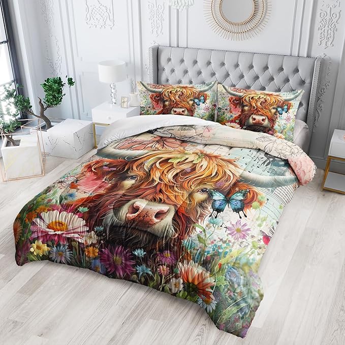 Cow Bedding Funny Animal Themed Comforter 3Pcs Queen Colorful Flower Cattle Print Comforter Set for Kids Teens Girls Boys Butterfly Bedroom Bed Decor with 1 Comforter and 2 Pillowcases
