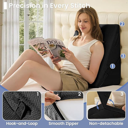 Sasttie Wedge Pillow for After Surgery, Adjustable Bed Wedge Pillow Headboard for Acid Reflux, Sleeping, Neck & Back Support, with Removable Cover, Black