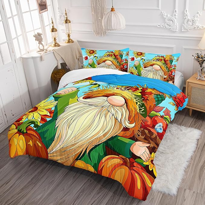 Sunflower Gnome Comforter Set Full Size, Sunflower Bedding Set for Kids Boys Girl, Yellow Comforter for Home Room Decor