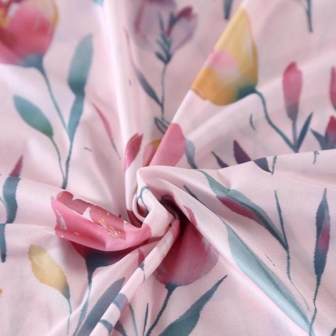 SDIII Pink Floral Comforter Set Full 3 Pieces, Silky Breathable Microfiber and Spandex, Full Size Floral Bedding Set for Girls Boys Kids and Teens