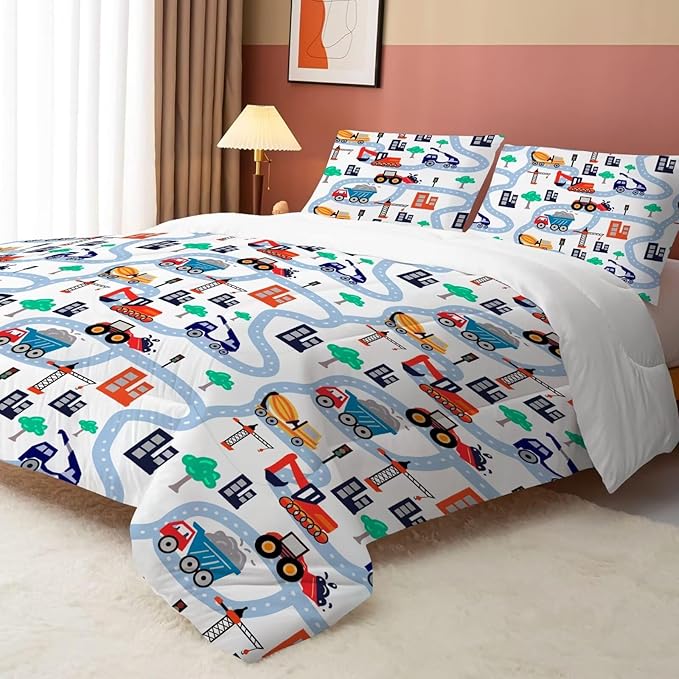 Cars Comforter Set Queen: Cartoon Truck Bedding for Boys Kids Teen Men Bedroom Construction White Dorm Quilt 1 Comforter + 2 Pillow Cases