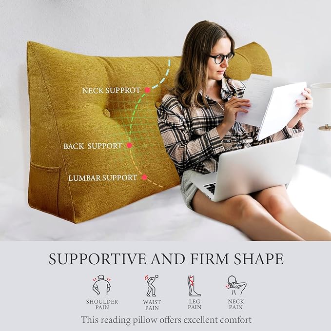 Headboard Pillow Wedge Full Size Large Bolster Pillow for Bed Triangle Reading Pillow Back Support Pillow for Sitting Up in Bed XXL Couch Daybed Bed Rest Backrest Cushion Linen Yellow