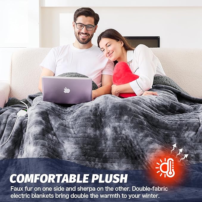greenoak Heated Electric Blanket Throw, Faux Fur Sherpa Heating Blanket for Sofa Bed, Warm Winter Gift for Dad/Grandma, Heater Lap Blankets 5-Position Timer &10 Heating Levels 62''*84" Marble Grey